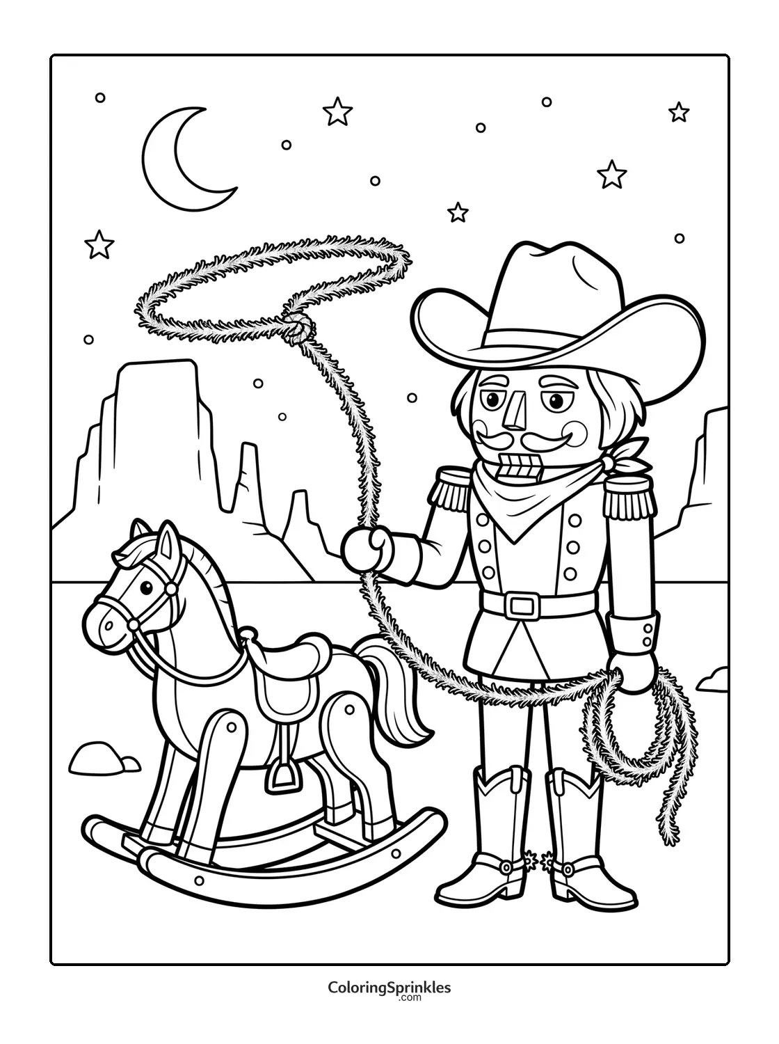 Coloring page of a nutcracker cowboy with a lasso and rocking horse in a desert