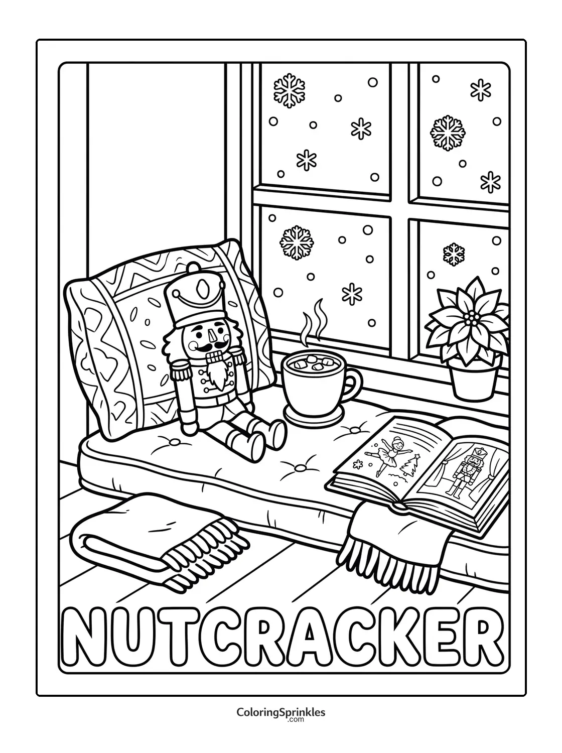 Coloring page of a nutcracker doll sitting on a cushion by a window with hot chocolate and an open book