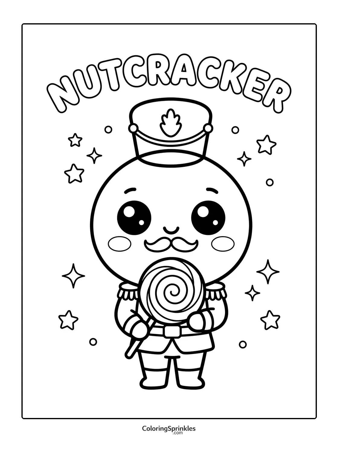 Coloring page of a cute nutcracker holding a lollipop with stars around