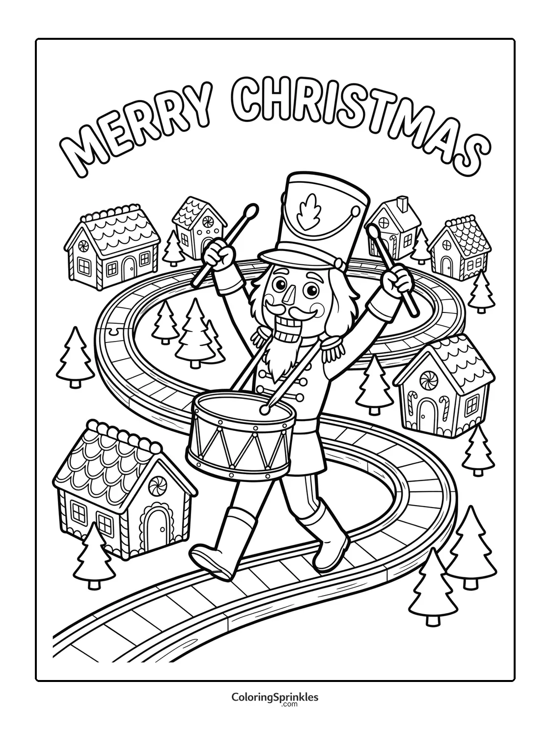 Coloring page of a nutcracker drummer marching in a Christmas village