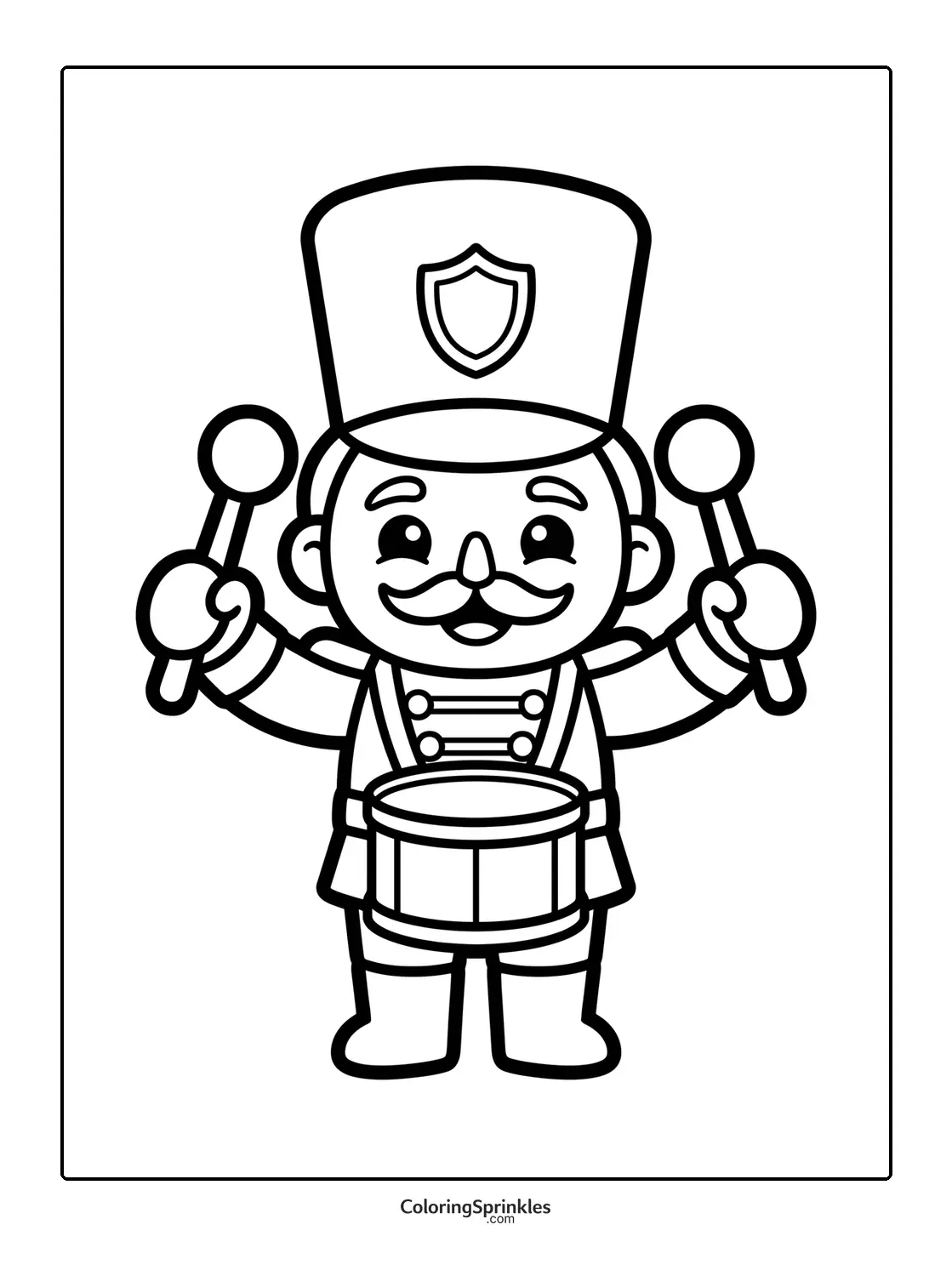 Coloring page of a nutcracker drummer with a tall hat and mustache