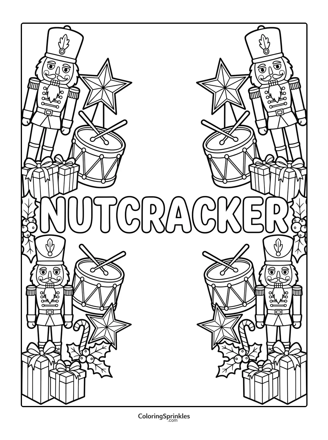 Coloring page of nutcracker soldiers with drums, gifts, holly, and candy canes
