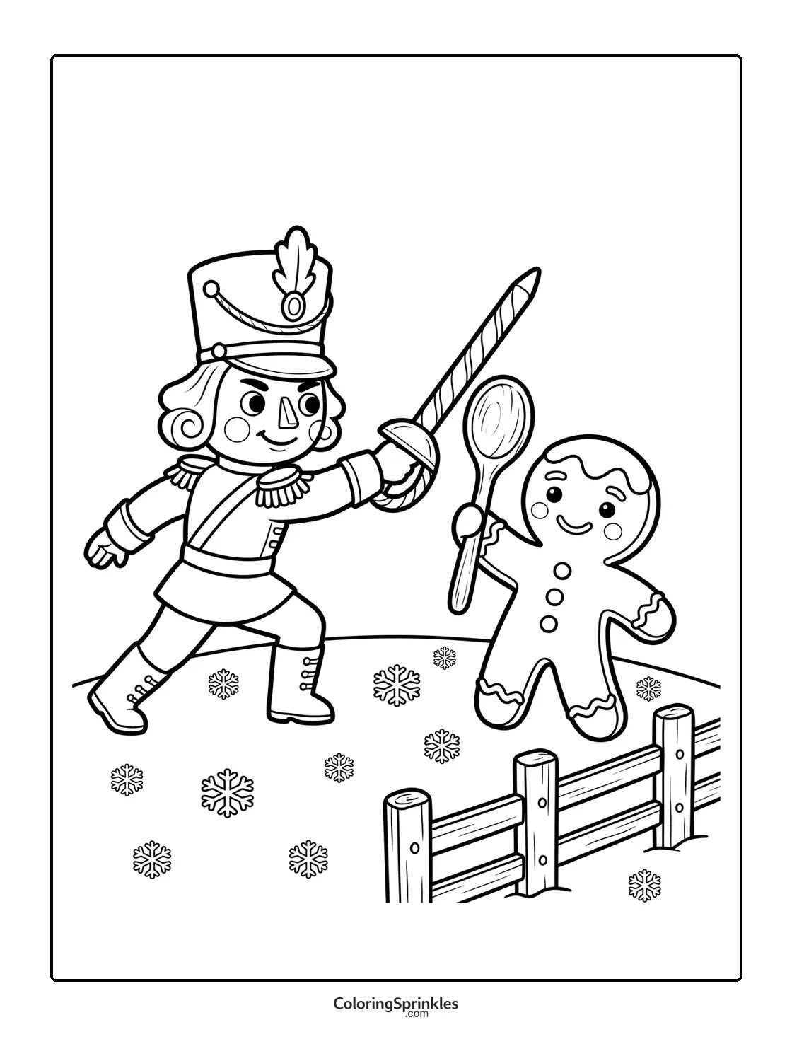 Coloring page of a nutcracker with a sword facing a gingerbread man with a spoon in a snowy scene