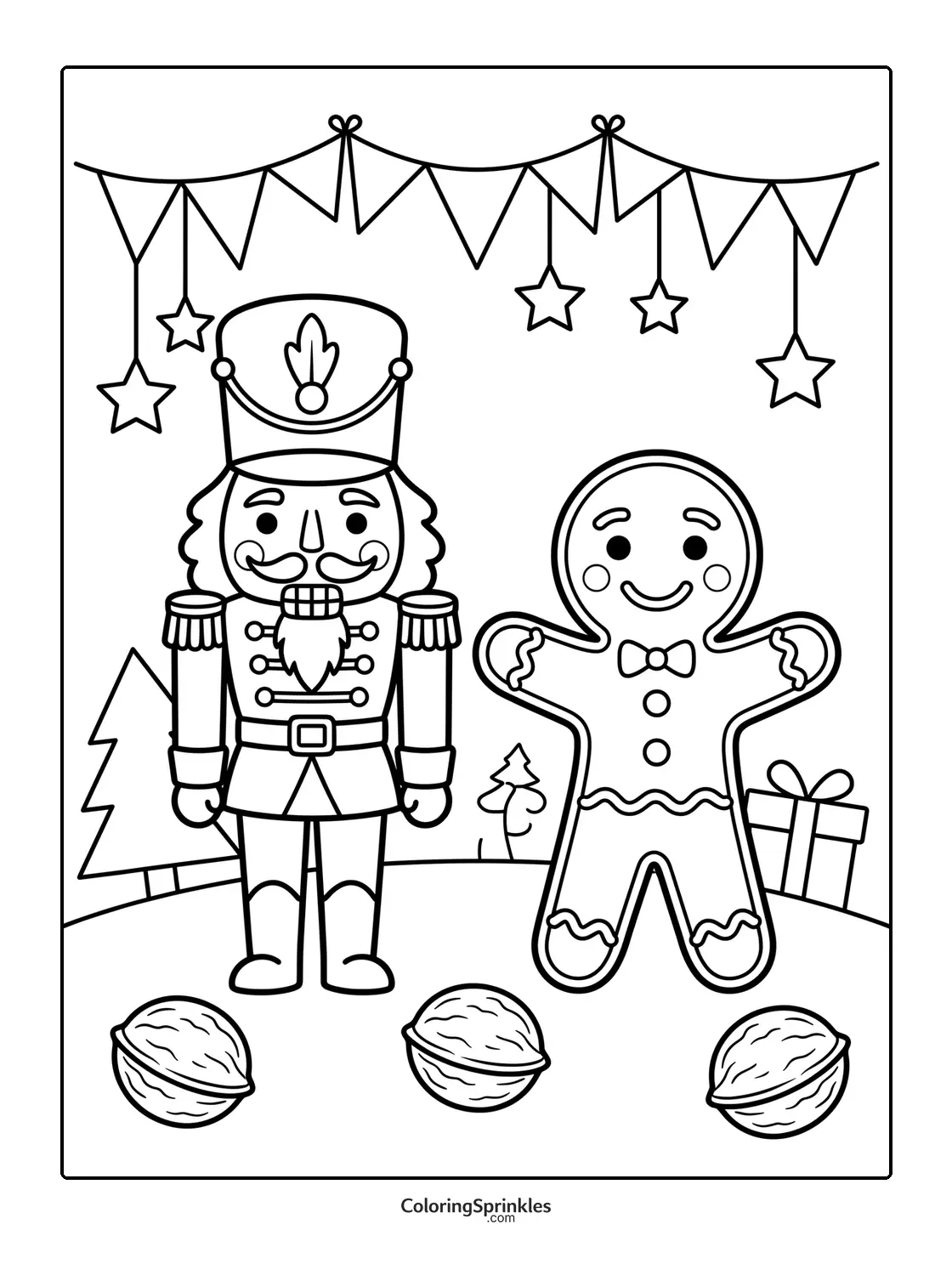 Coloring page of a nutcracker and gingerbread man with walnuts and Christmas decorations
