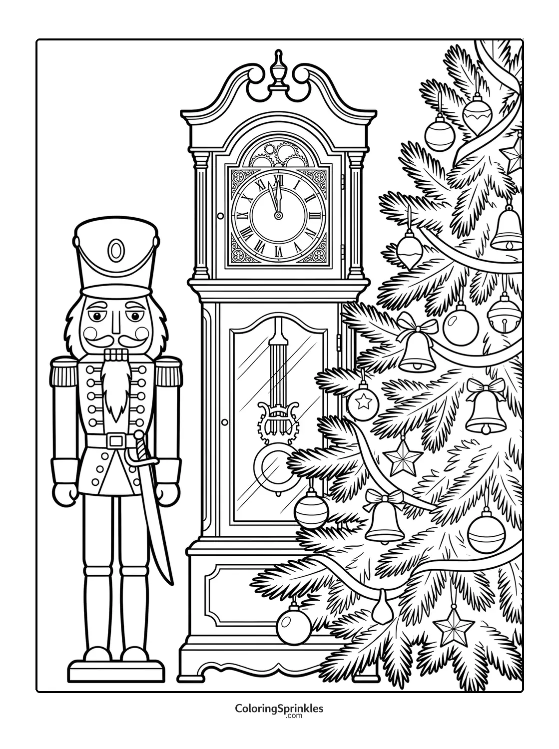 Coloring page of a nutcracker standing next to a grandfather clock and a decorated Christmas tree