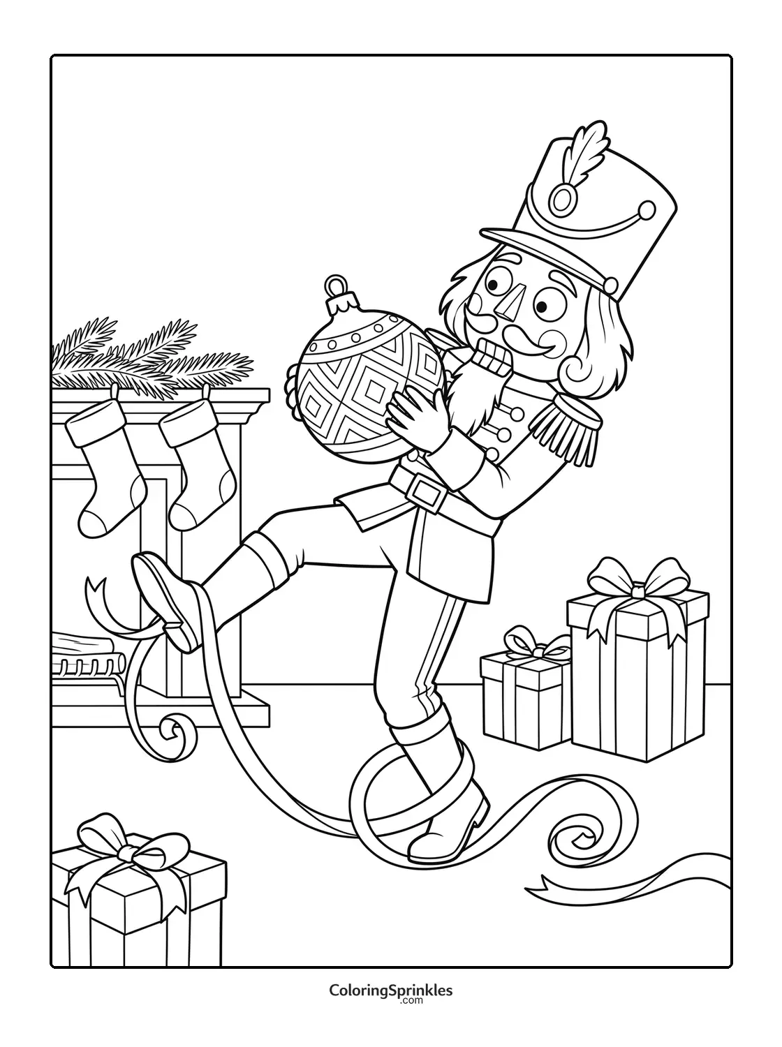 Coloring page of a nutcracker holding a Christmas ornament while tangled in ribbon