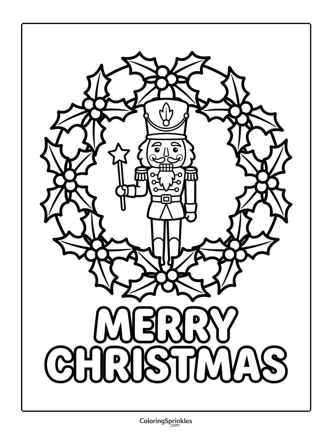 Coloring page of a nutcracker inside a holly wreath with Merry Christmas text