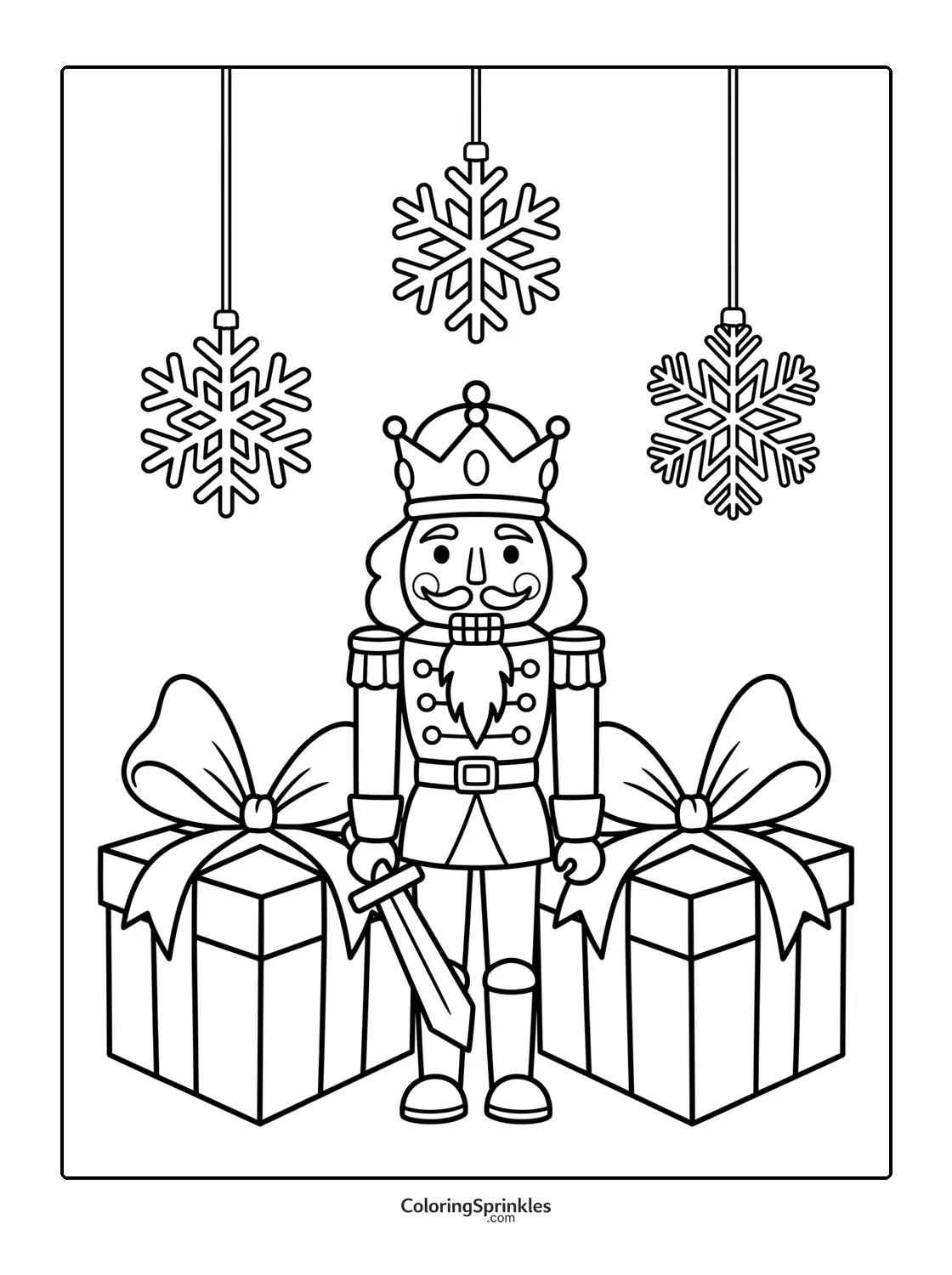 Coloring page of a nutcracker king with gifts and hanging snowflakes