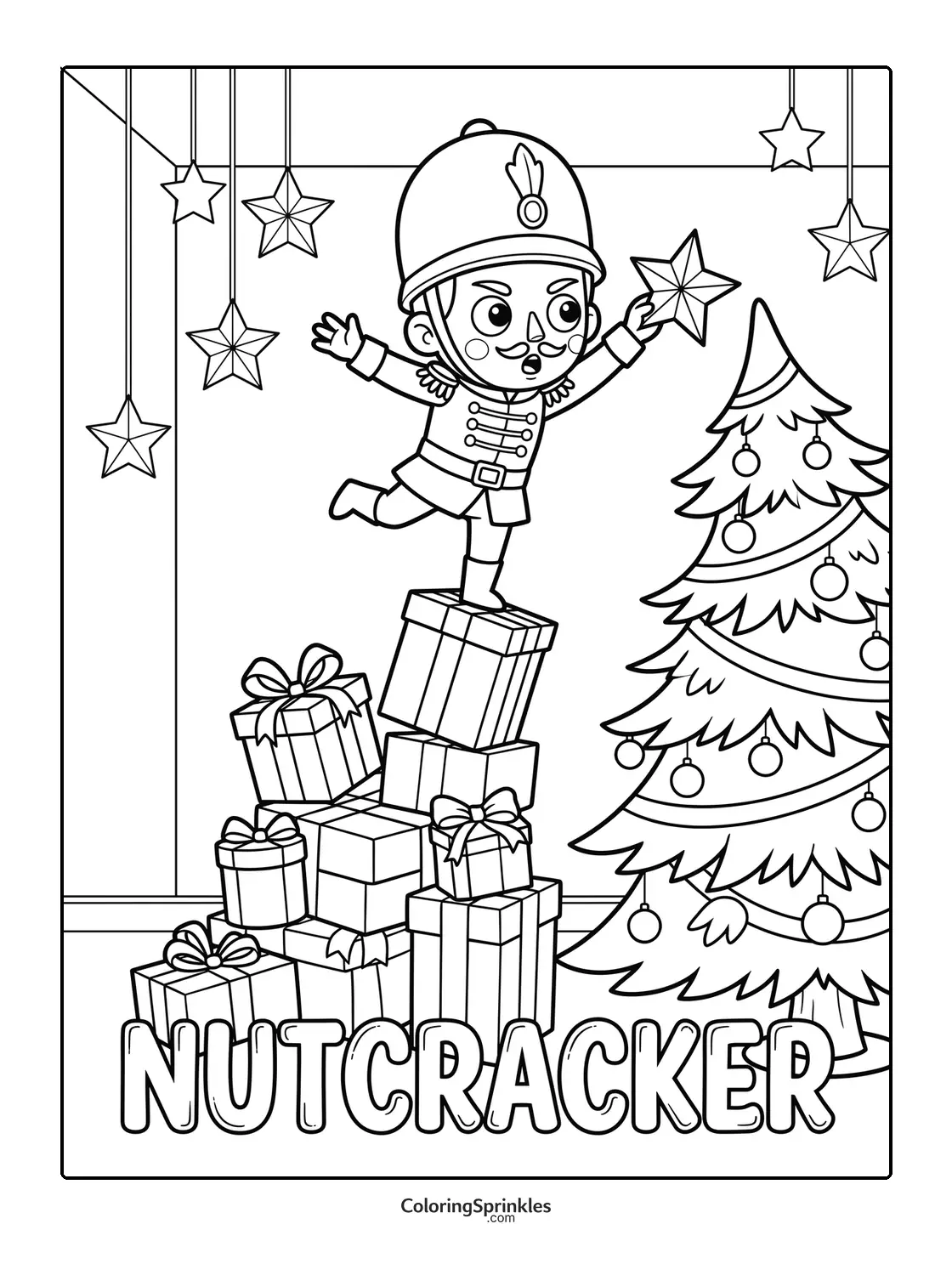Coloring page of a nutcracker balancing on presents near a decorated Christmas tree with hanging stars