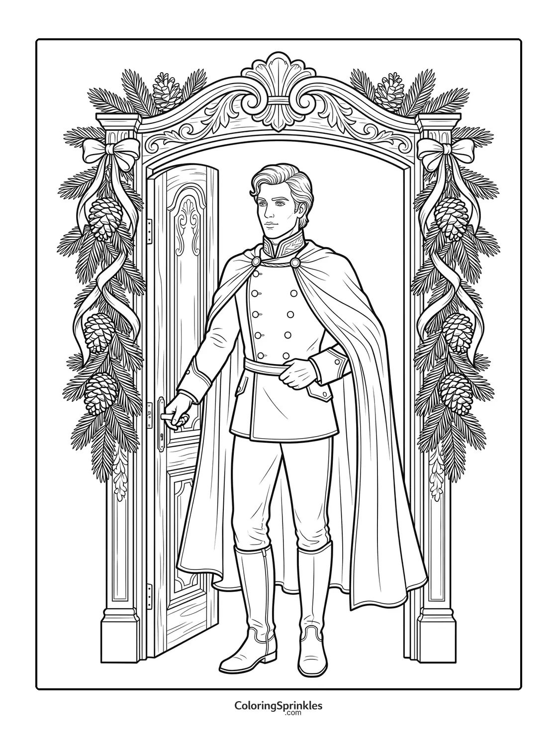 Coloring page of a nutcracker prince opening a door with holiday decorations