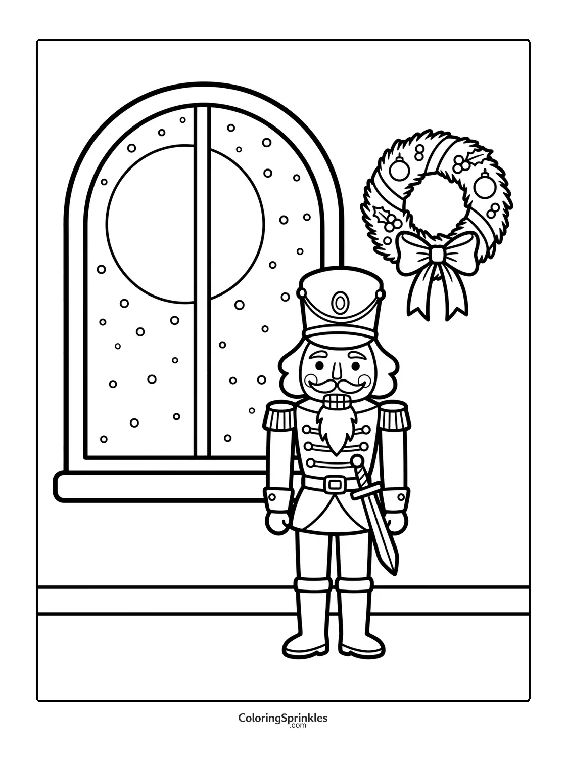 Coloring page of a nutcracker soldier standing by a window with snow and a Christmas wreath