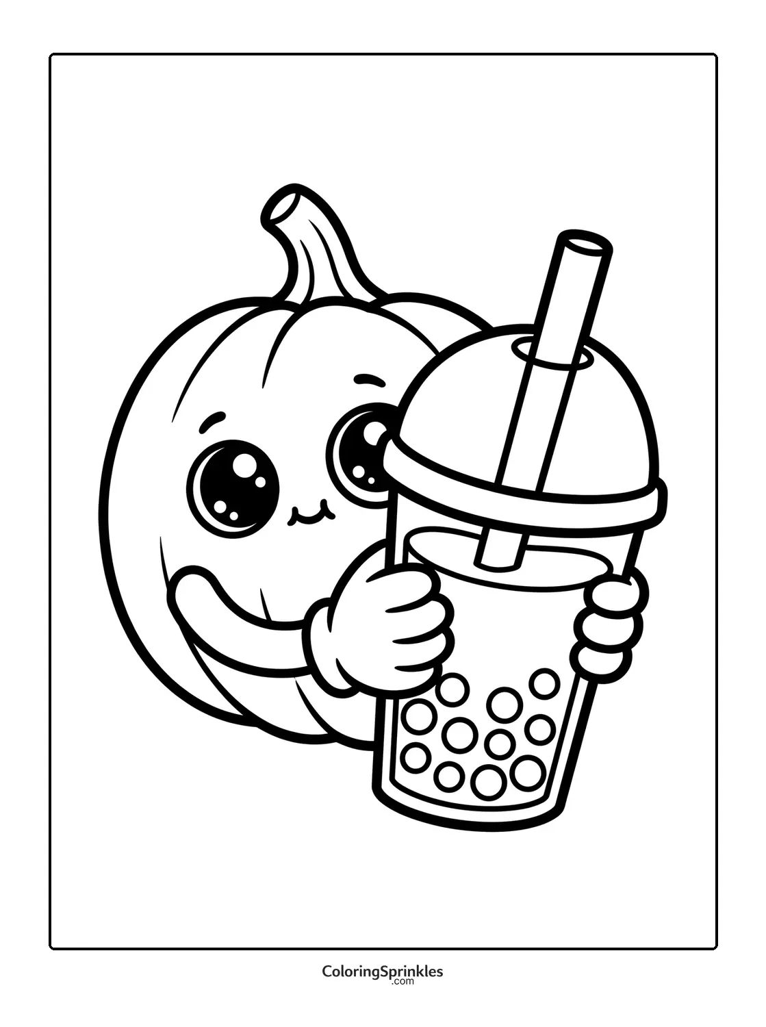 Coloring page of a cute pumpkin holding a bubble tea cup