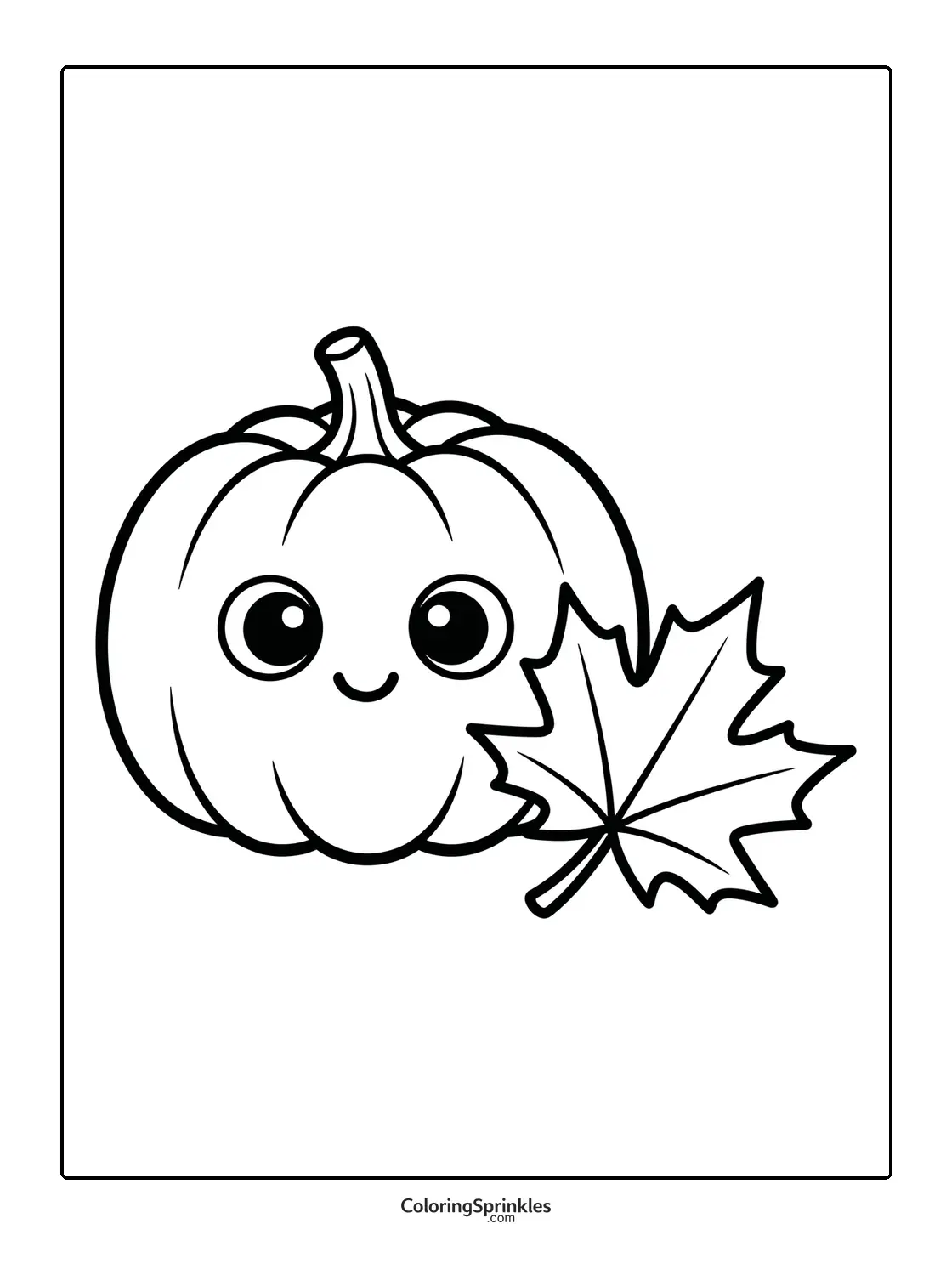 Coloring page of a cute pumpkin with a maple leaf