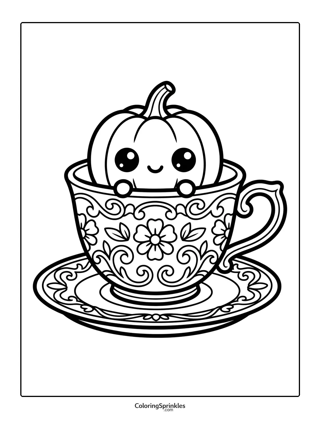 Coloring page of a cute pumpkin sitting inside a floral patterned teacup