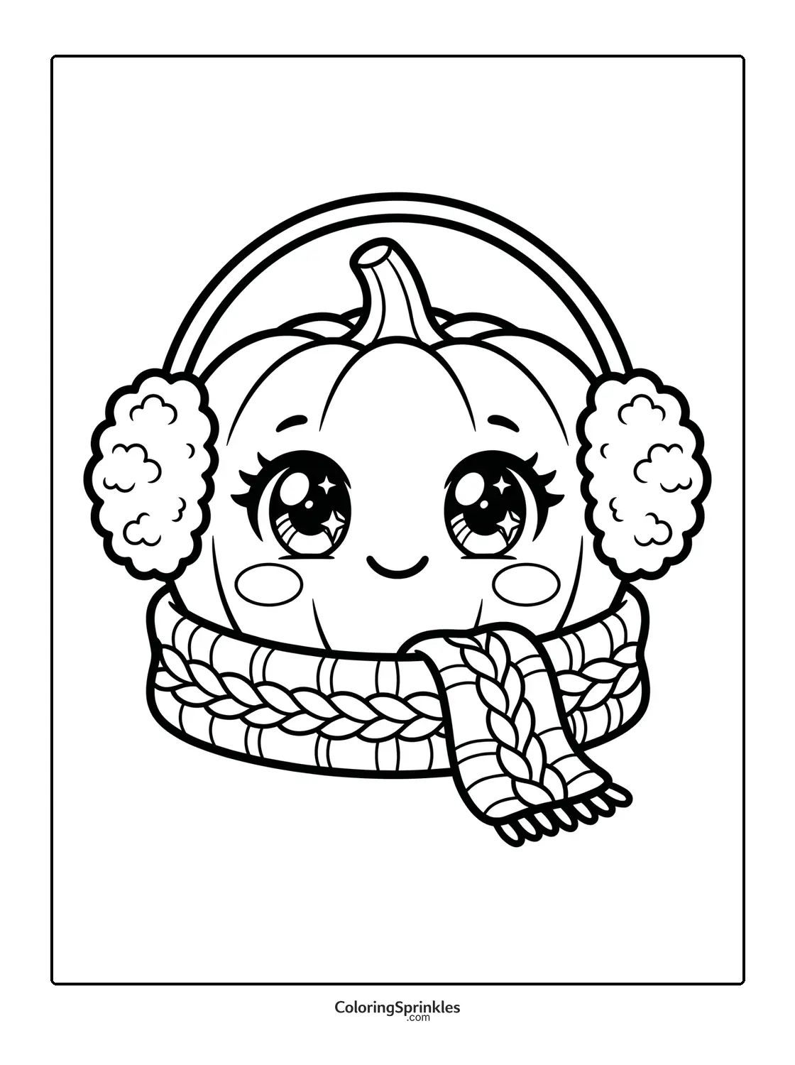 Coloring page of a cute pumpkin wearing earmuffs and a scarf