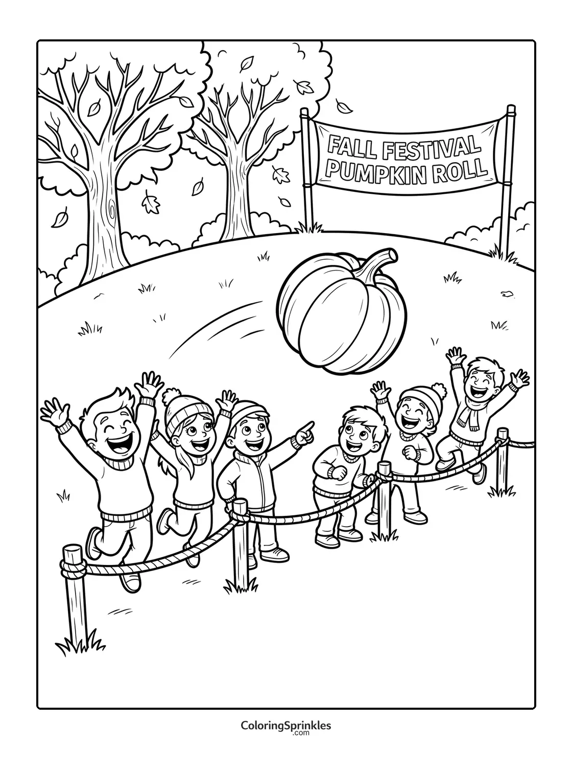 Coloring page of children cheering at a fall festival pumpkin roll on a hill