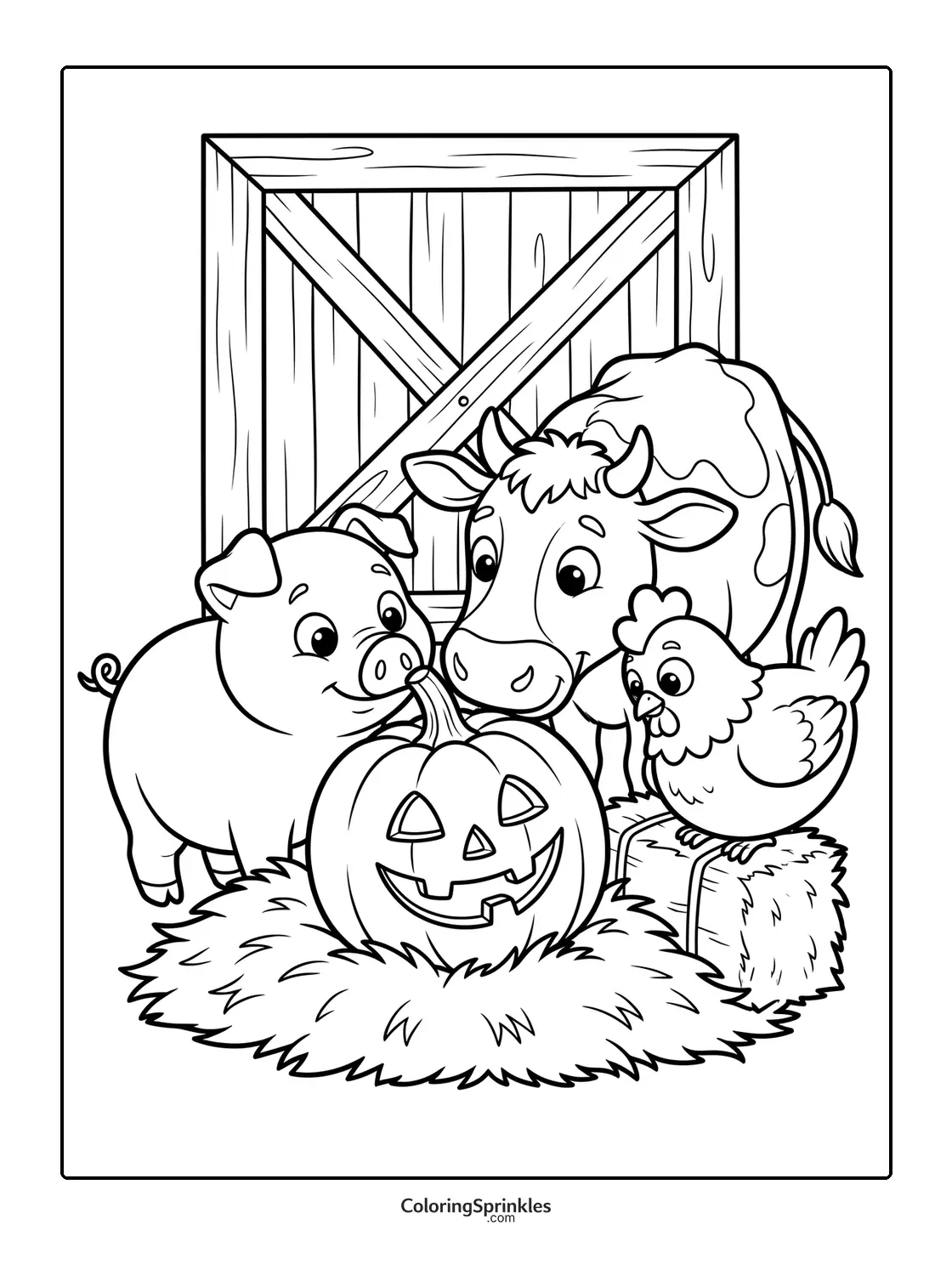 Coloring page of farm animals with a pumpkin near a barn door