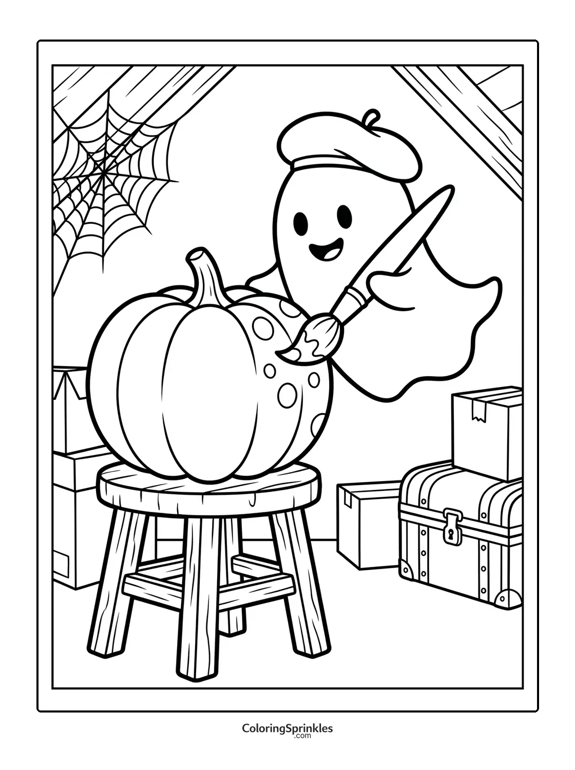 Coloring page of a ghost painting a pumpkin on a stool with a spiderweb