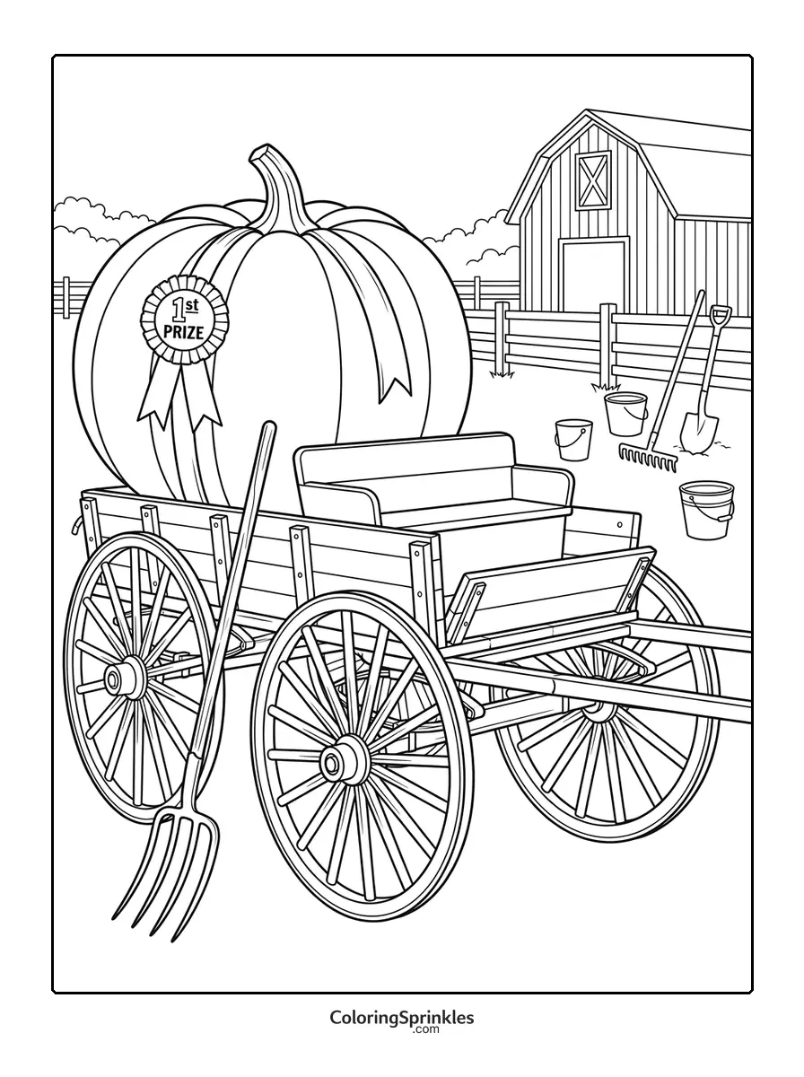 Coloring page of a giant pumpkin with a first prize ribbon on a farm wagon