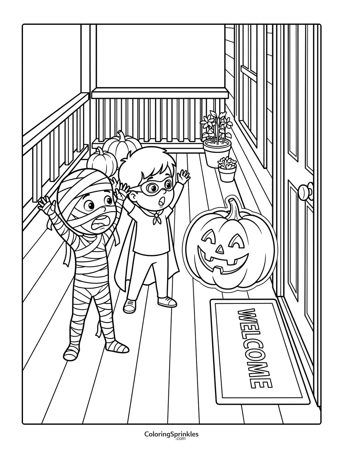 Coloring page of Halloween kids dressed as a mummy and superhero on a porch with pumpkins