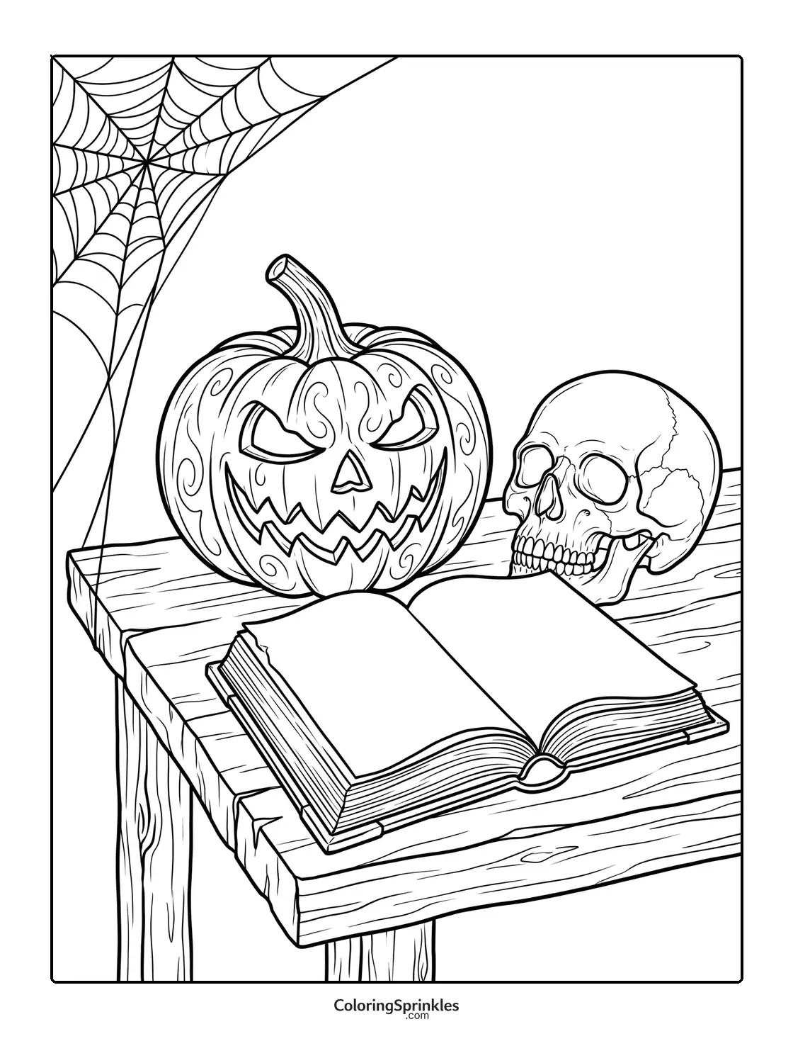 Coloring page of a Halloween pumpkin, skull, open book and spiderweb on a wooden table