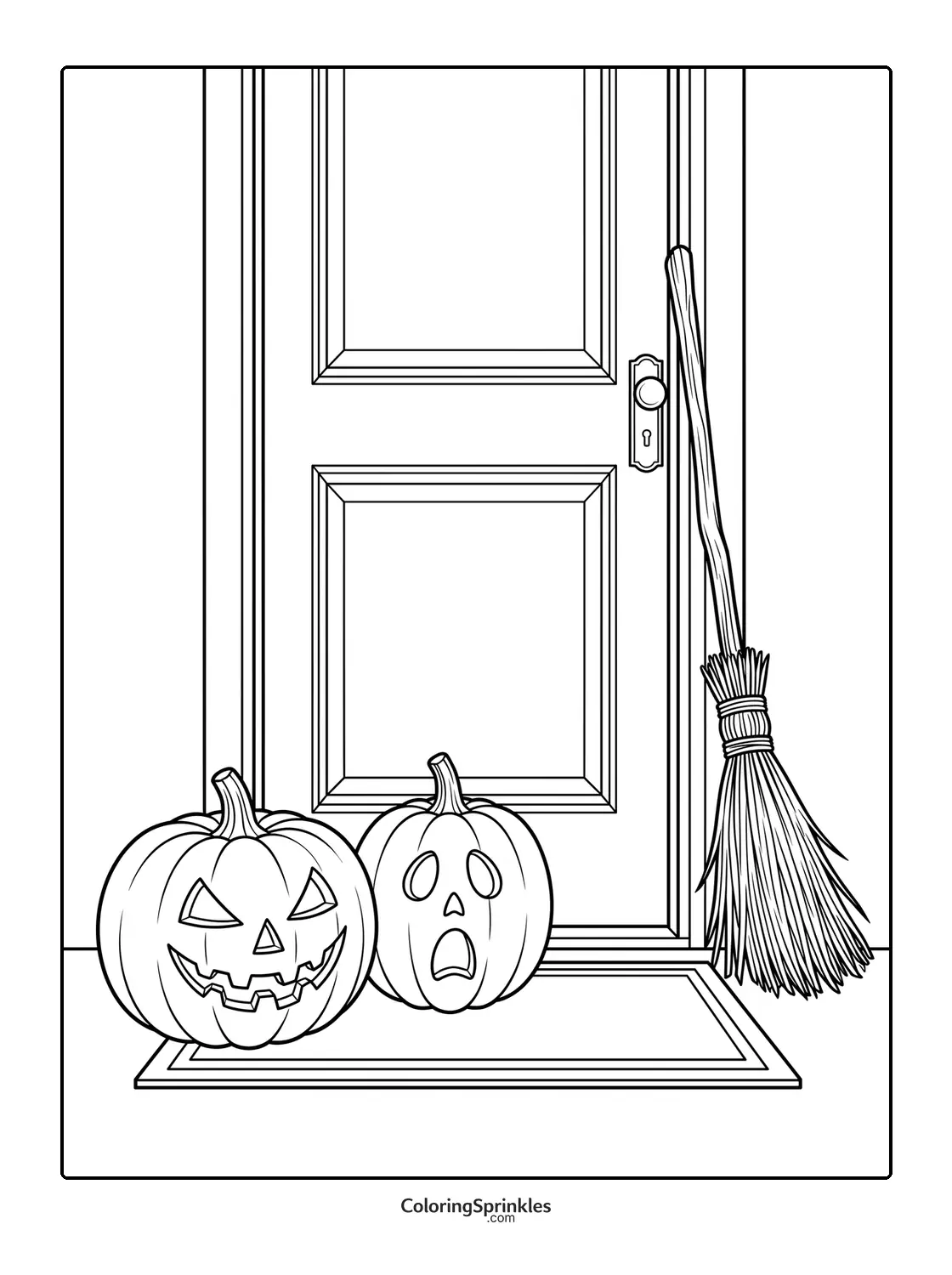 Coloring page of two Halloween pumpkins by a door with a broom and mat