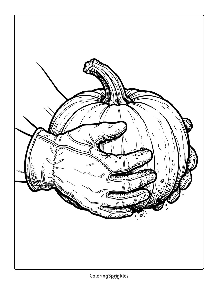 Coloring page of hands wearing gardening gloves holding a pumpkin