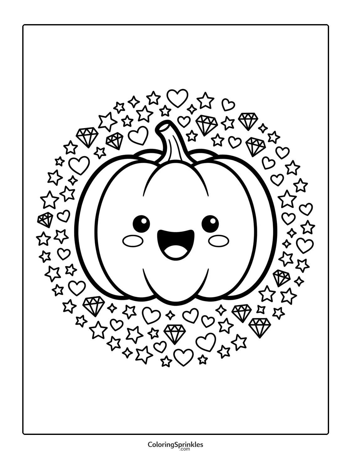 Coloring page of a happy pumpkin surrounded by hearts stars and diamonds