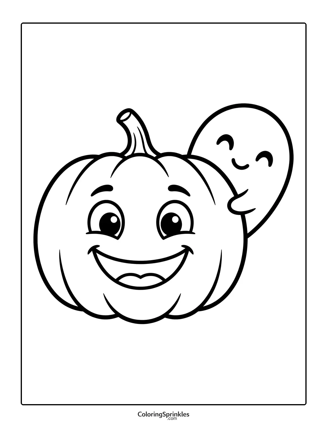 Coloring page of a happy pumpkin smiling with a ghost peeking from behind