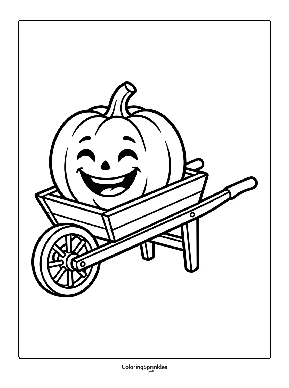 Coloring page of a happy pumpkin sitting in a wheelbarrow
