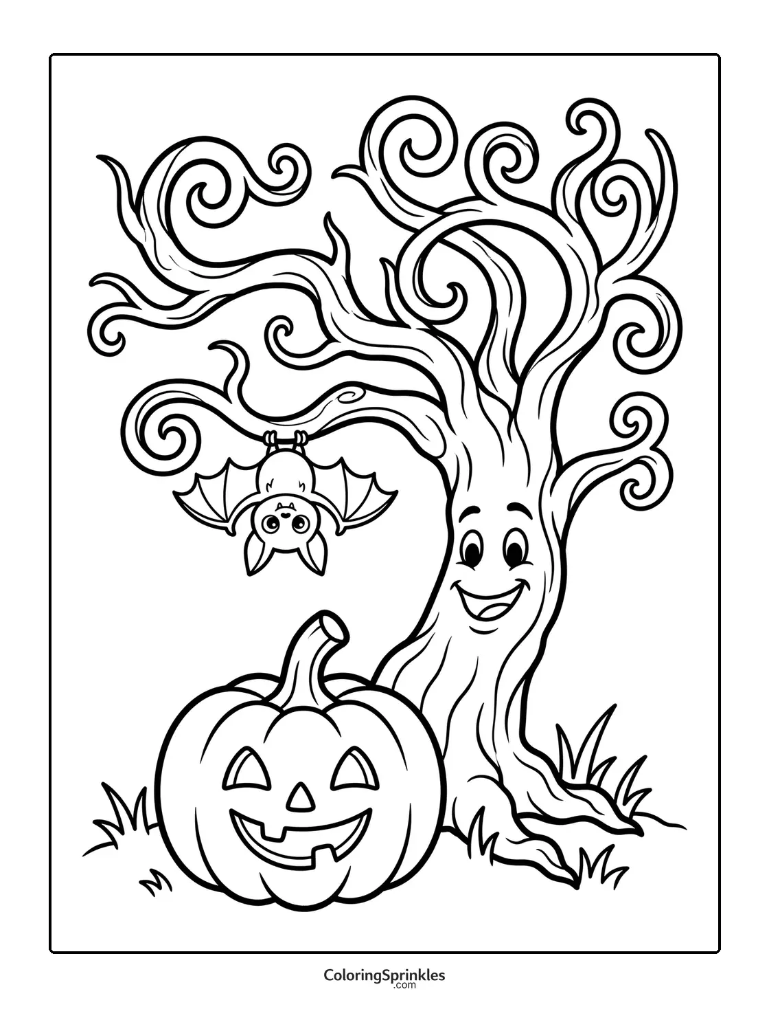 Coloring page of a happy tree with a jack-o-lantern and a bat