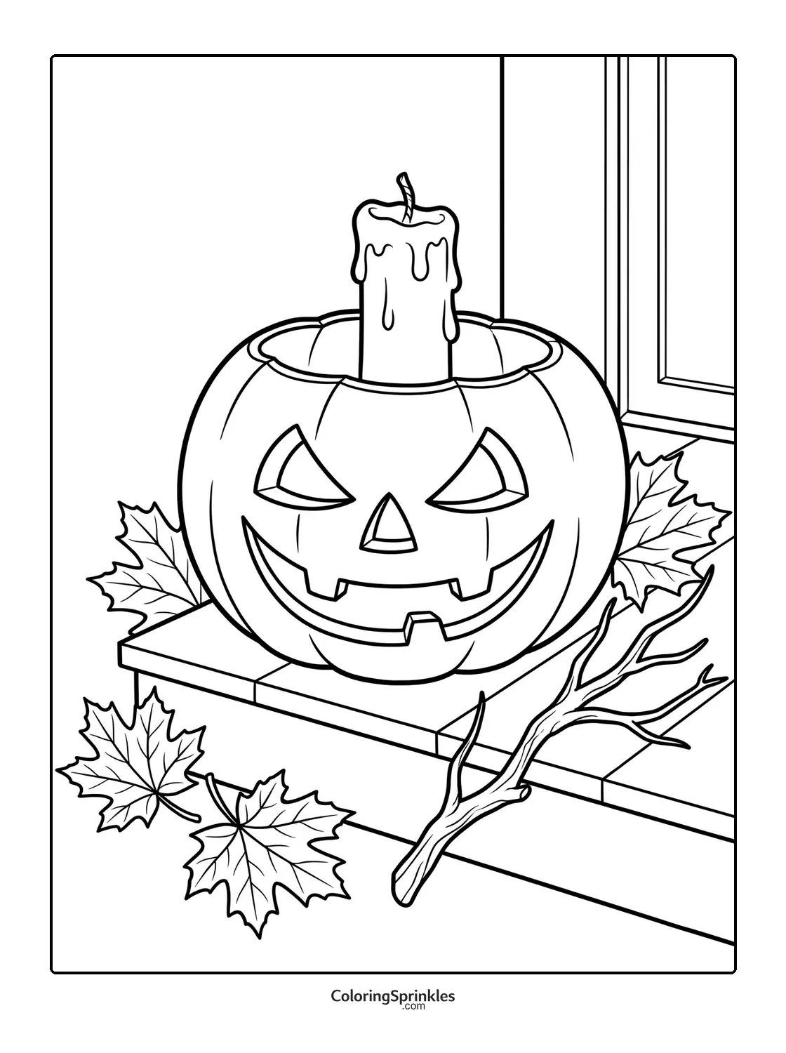 Coloring page of a jack-o-lantern with a candle on a porch with fall leaves and a twig