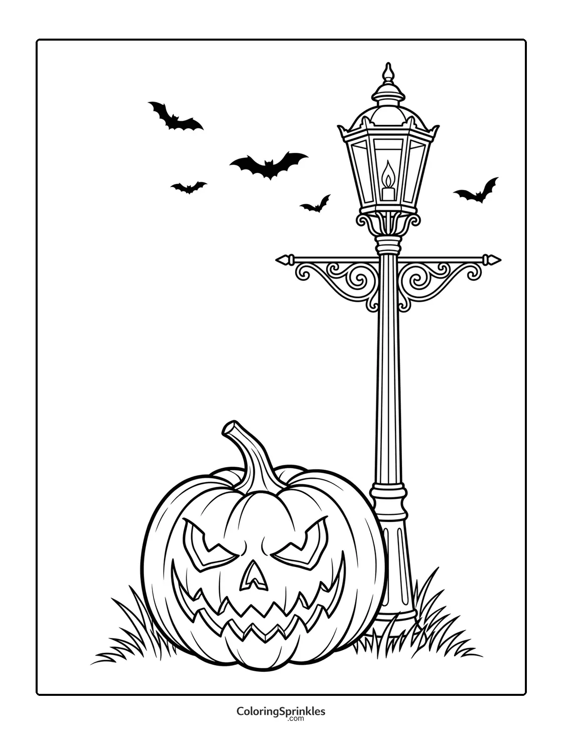 Coloring page of a jack-o-lantern near a lamp post with bats flying