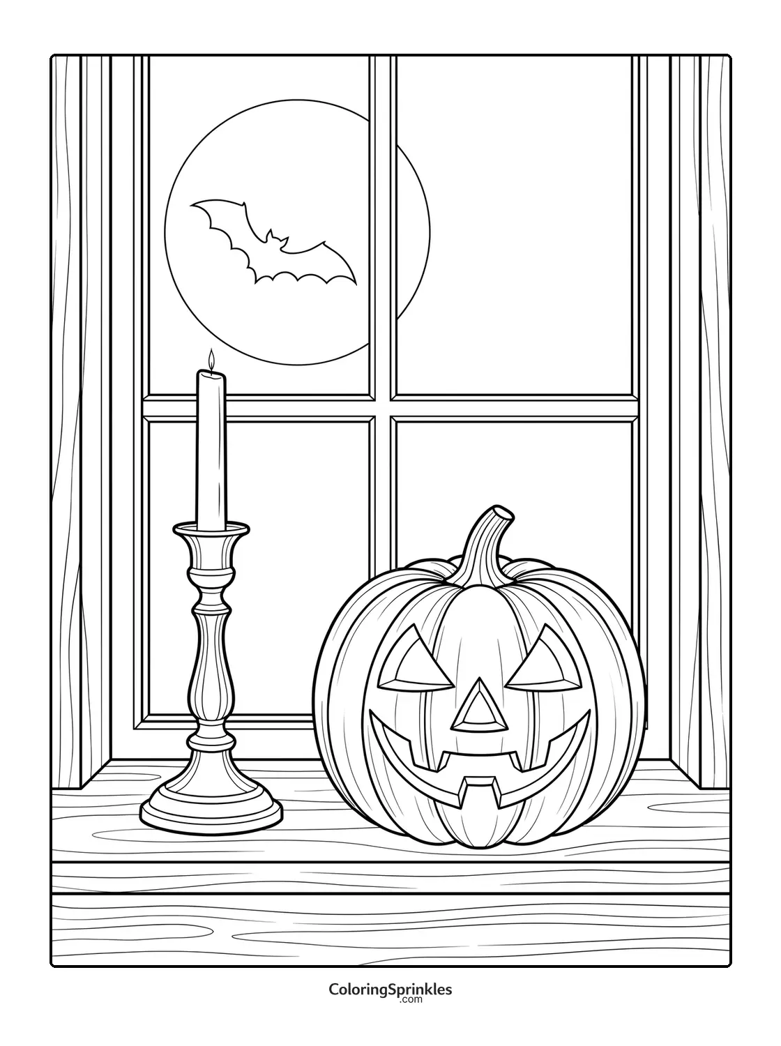 Coloring page of a jack-o-lantern and candle on a windowsill with a bat outside
