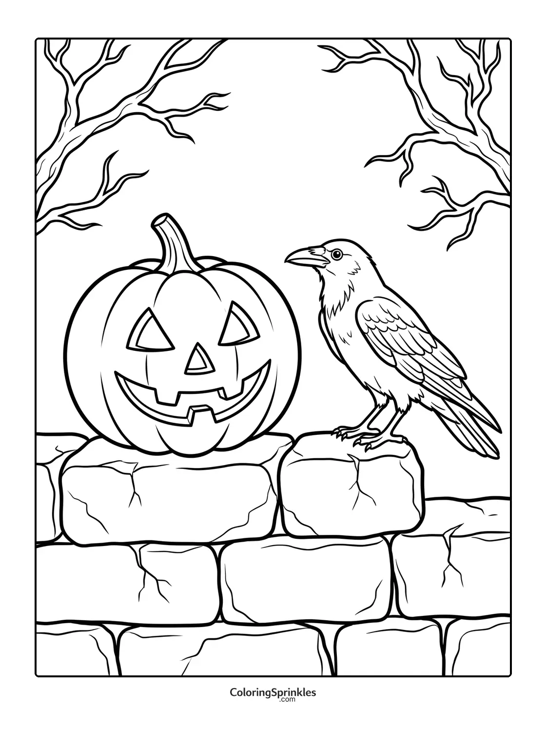 Coloring page of a jack-o-lantern and a crow on a stone wall with bare trees
