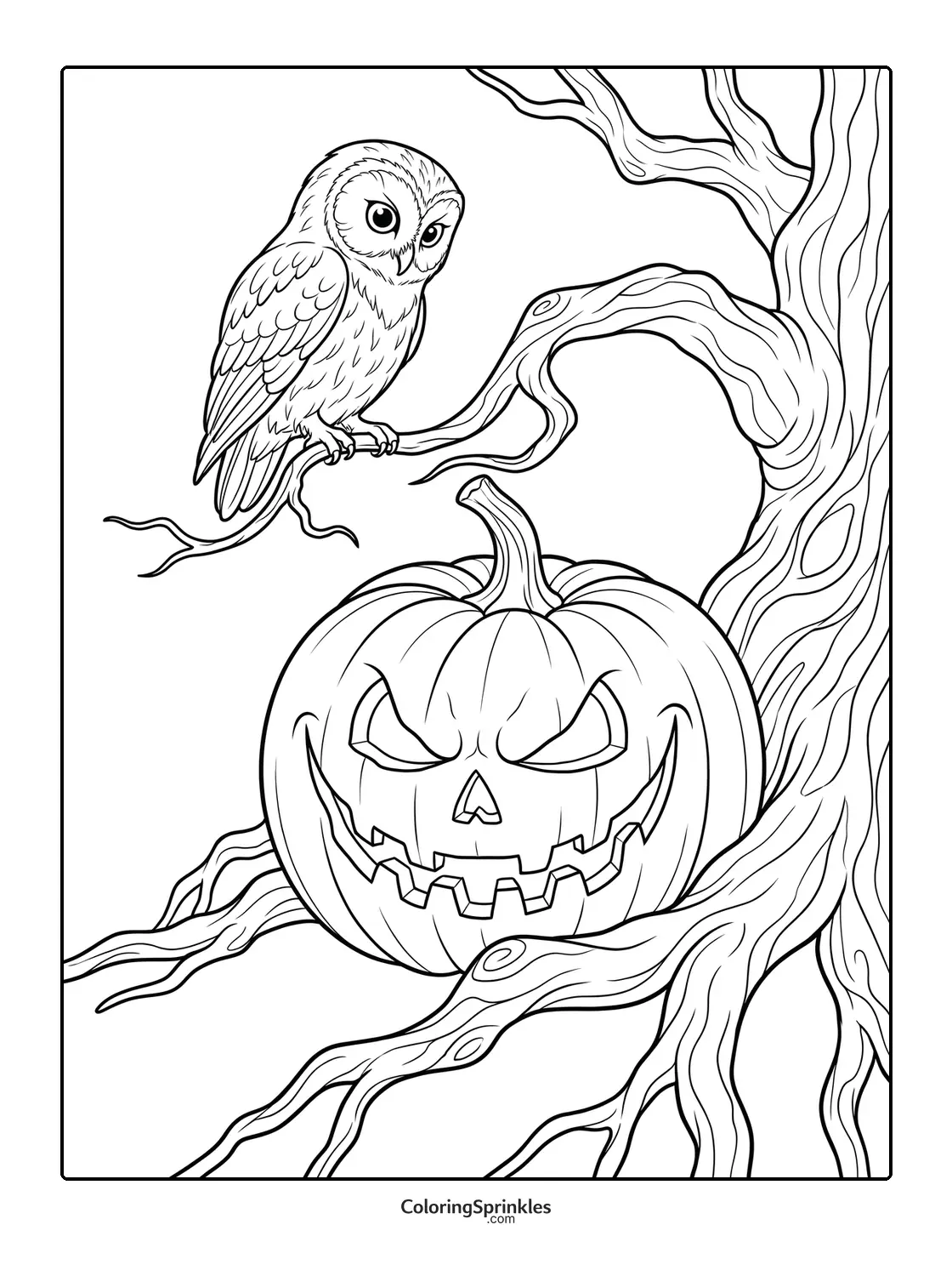 Coloring page of a jack-o-lantern pumpkin and an owl on a tree branch