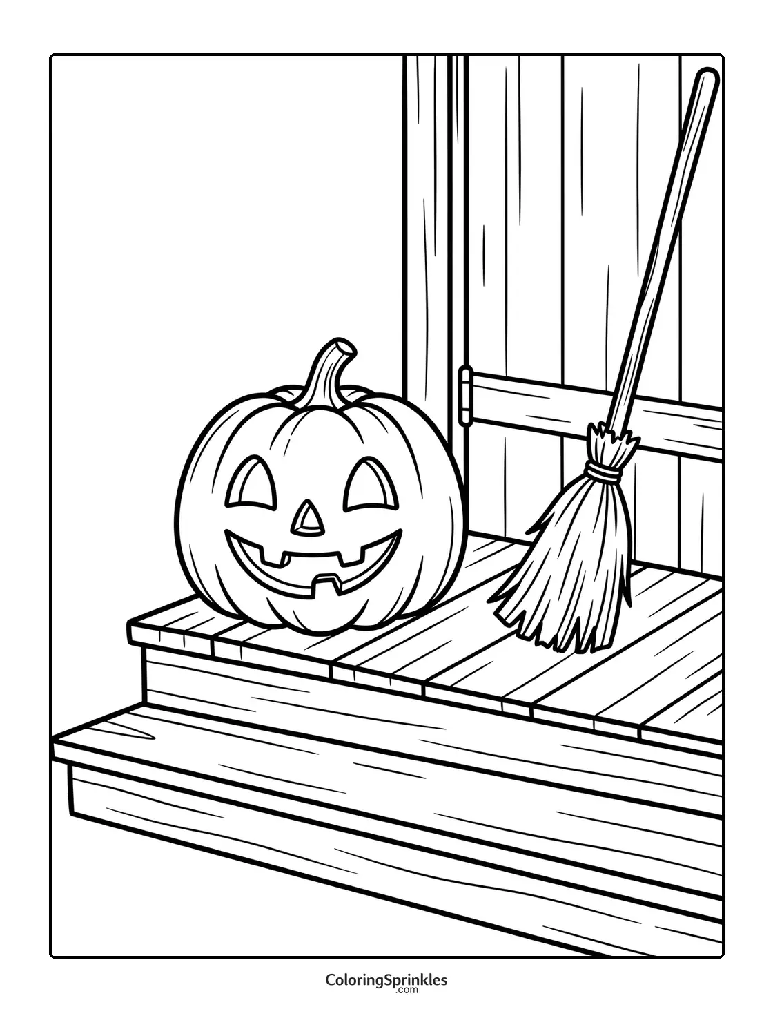 Coloring page of a jack-o-lantern on a porch step with a broom
