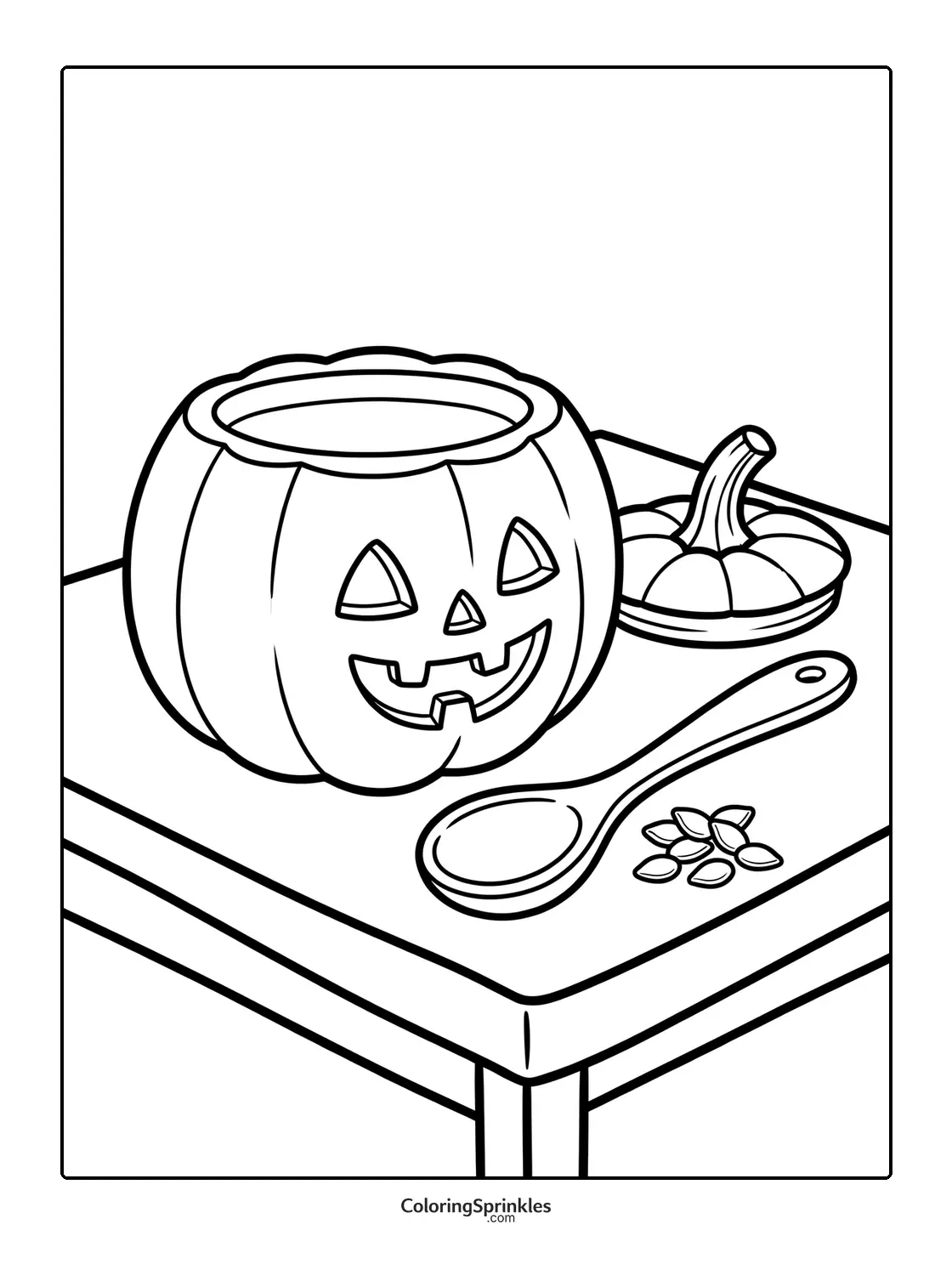 Coloring page of a jack-o-lantern pumpkin with a spoon and seeds on a table