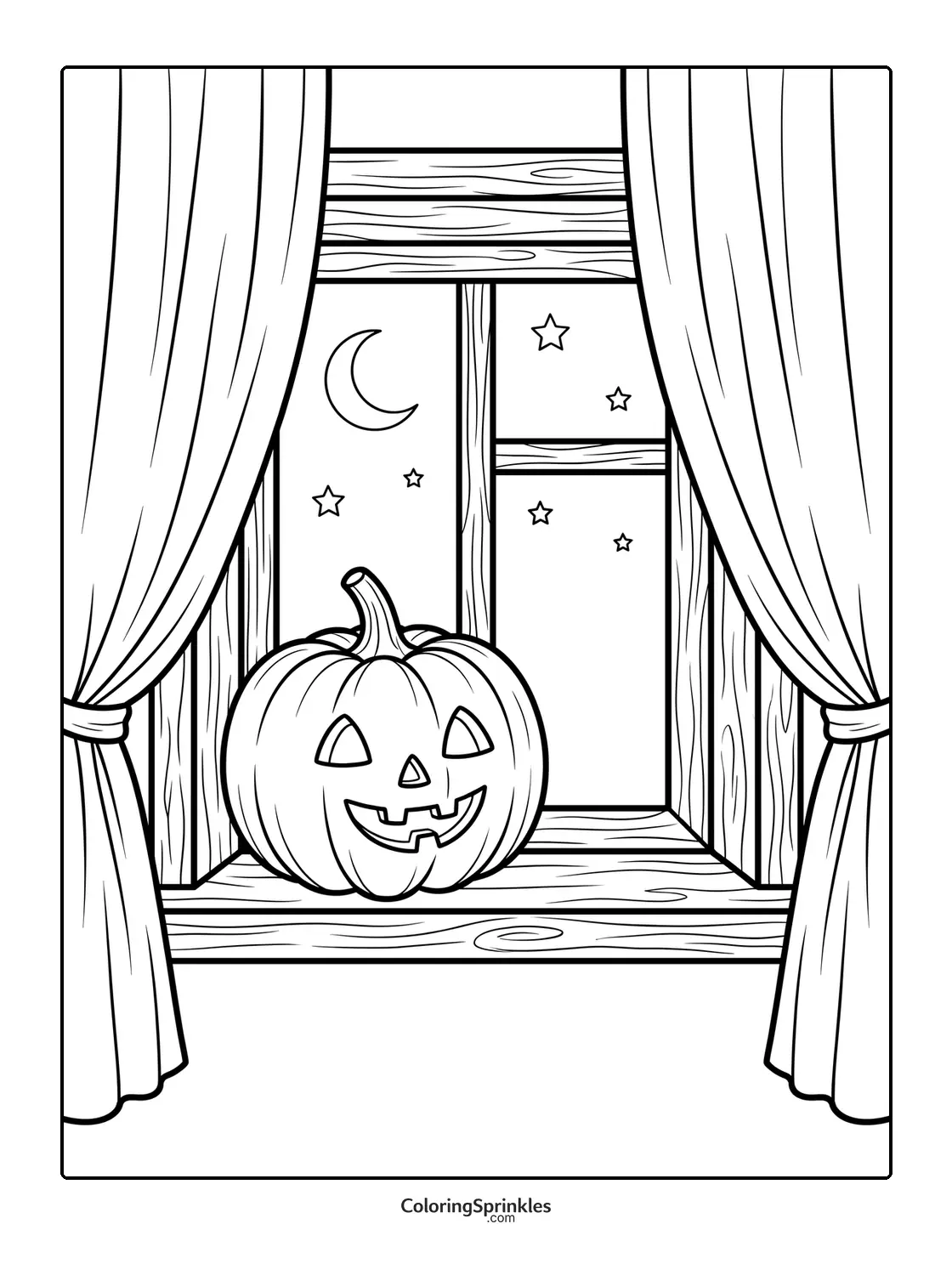 Coloring page of a jack-o-lantern on a window sill at night with curtains and stars