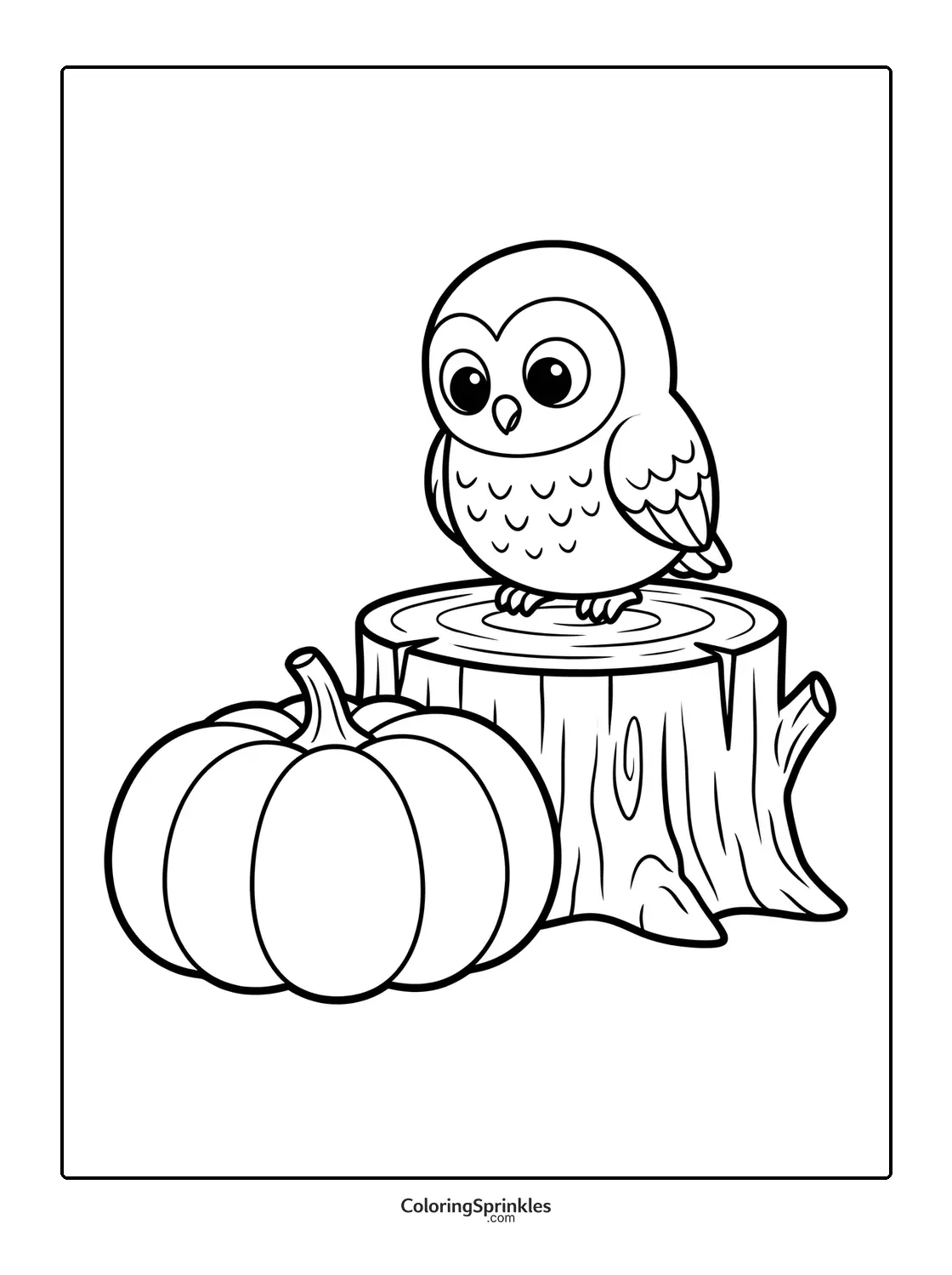 Coloring page of an owl perched on a tree stump next to a pumpkin