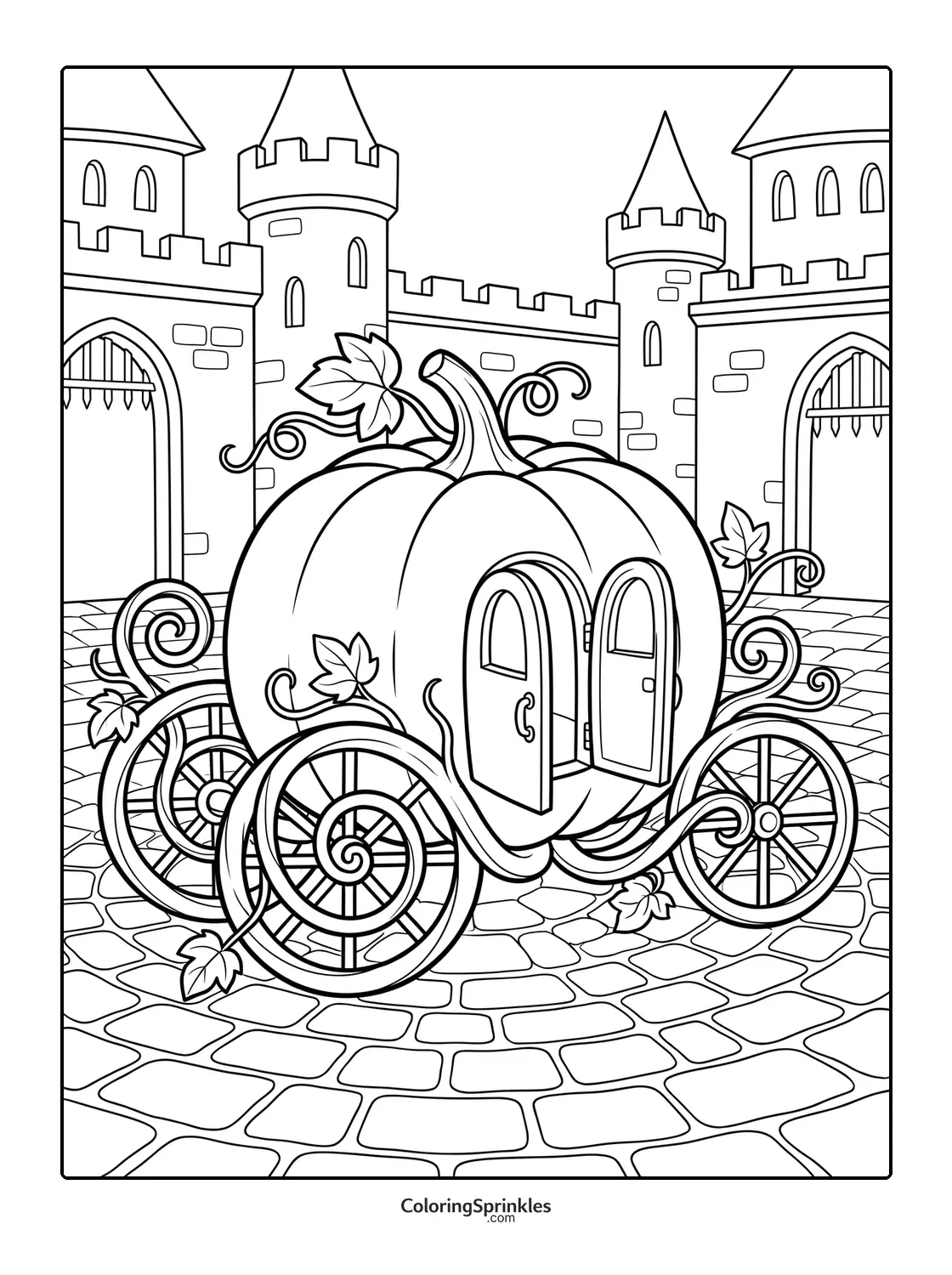 Coloring page of a pumpkin carriage in front of a castle