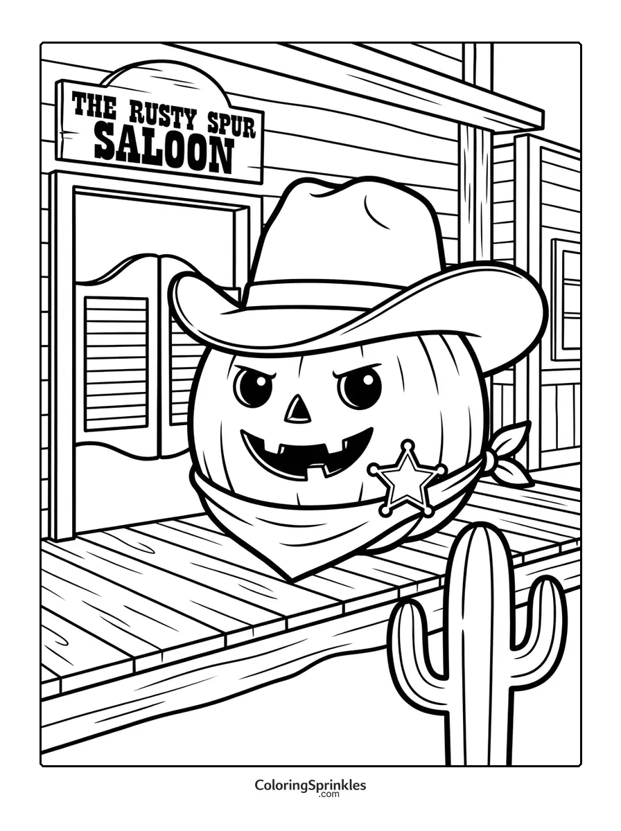 Coloring page of a pumpkin dressed as a cowboy in front of a saloon