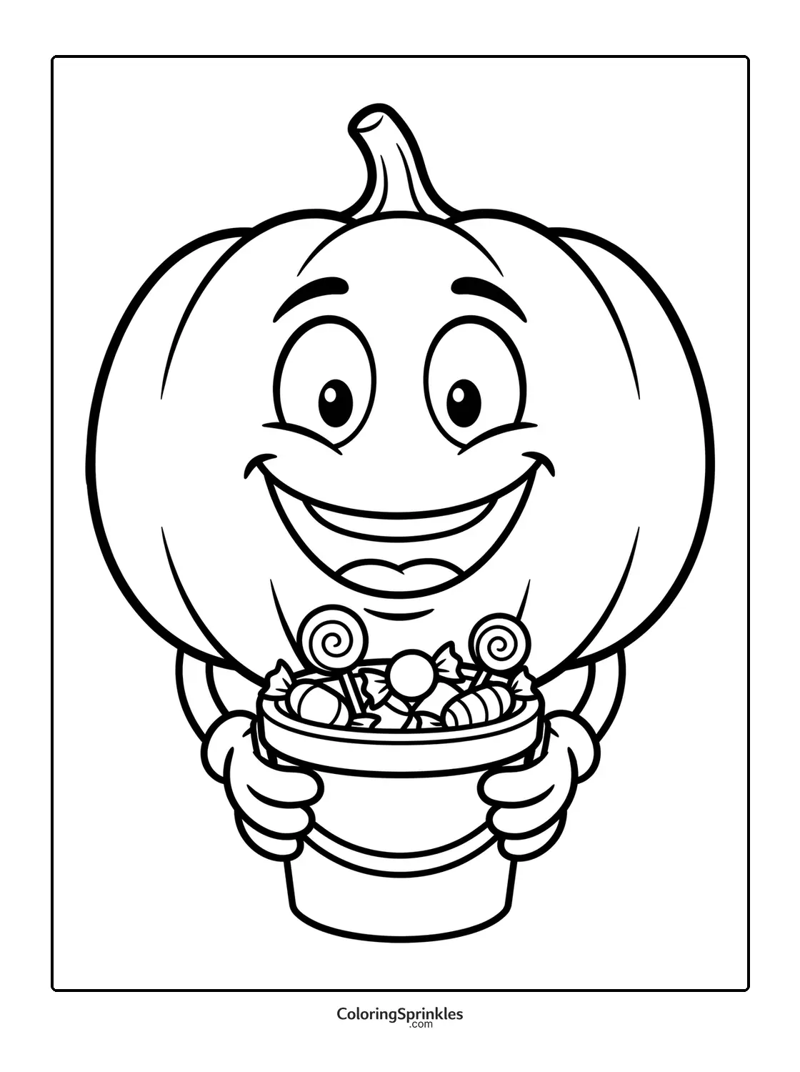 Coloring page of a pumpkin character holding a bucket of candy