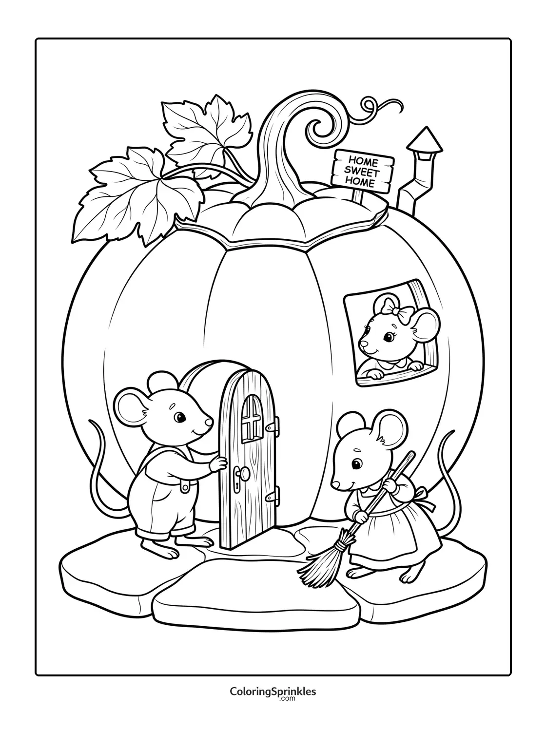 Coloring page of a pumpkin house with mice sweeping and opening the door