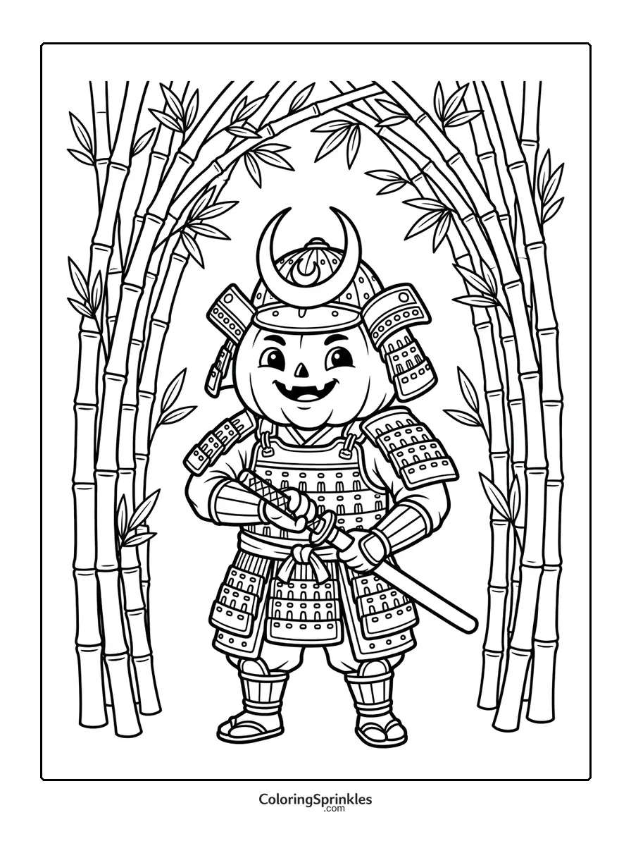 Coloring page of a pumpkin-headed samurai holding a sword in a bamboo forest