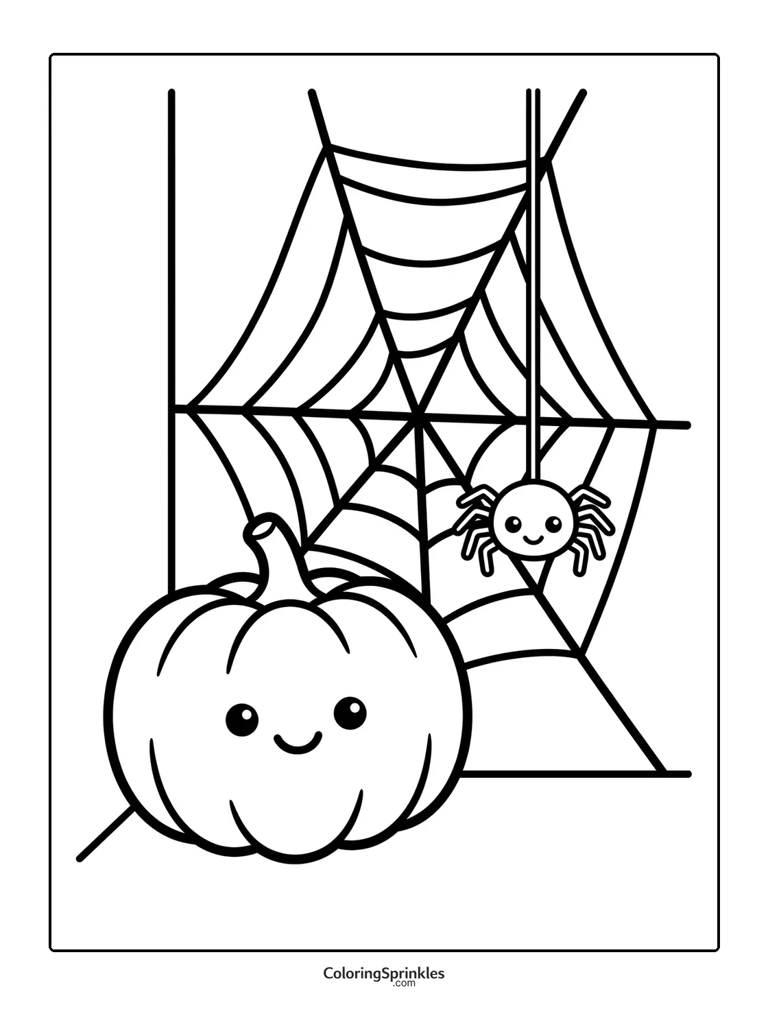 Coloring page of a smiling pumpkin with a spider hanging on a web