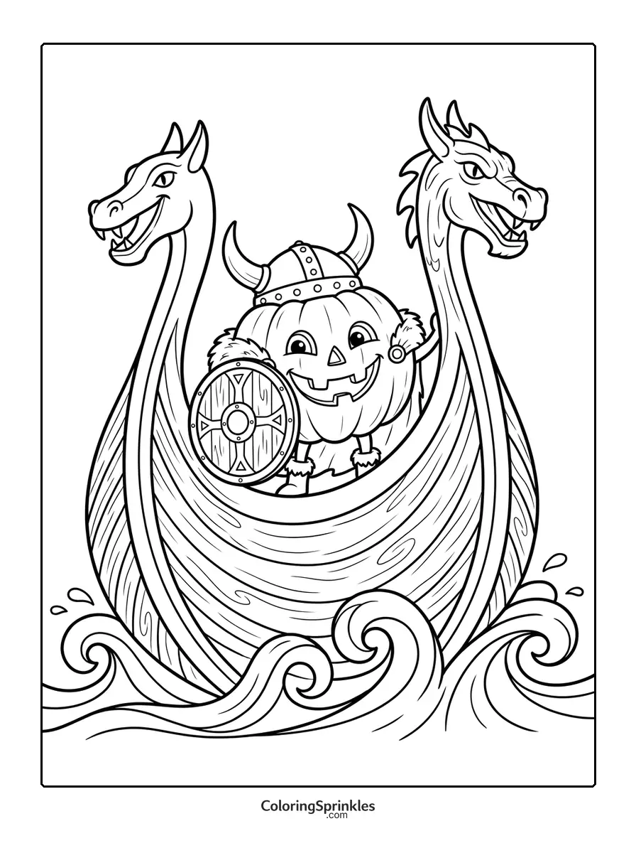 Coloring page of a pumpkin Viking on a dragon-headed ship in waves