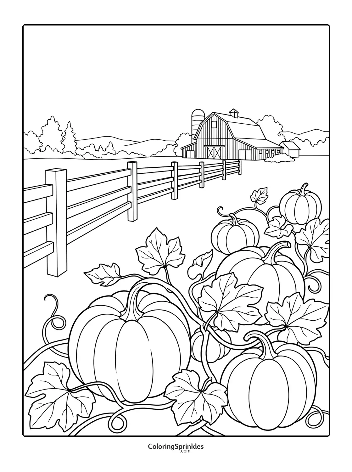 Coloring page of pumpkins growing on vines near a farm barn and fence