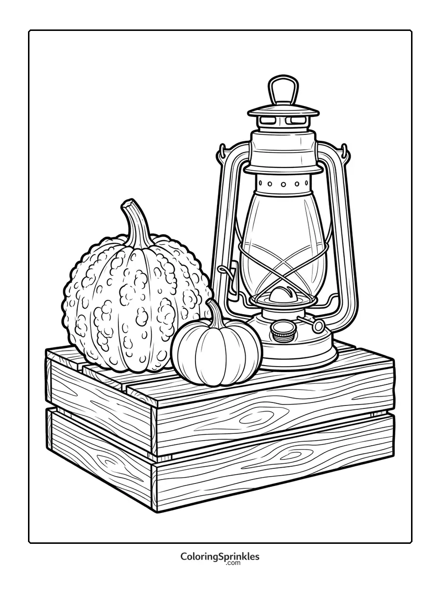 Coloring page of pumpkins and a lantern on a wooden crate