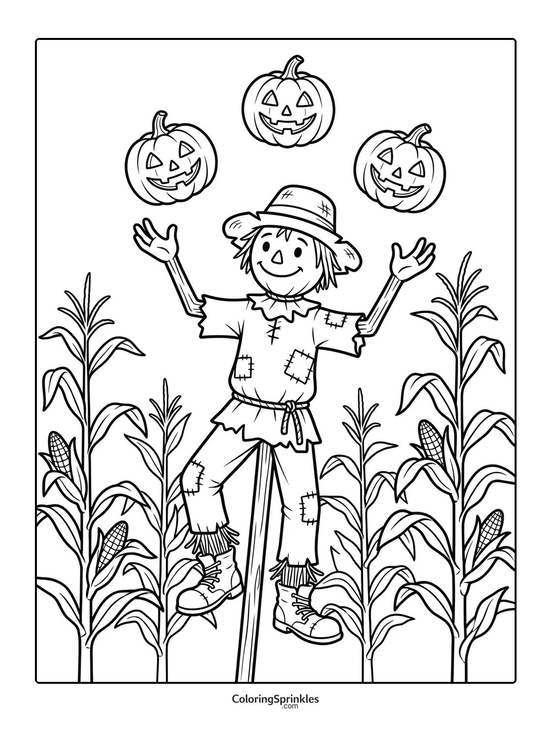 Coloring page of a scarecrow juggling pumpkins in a cornfield